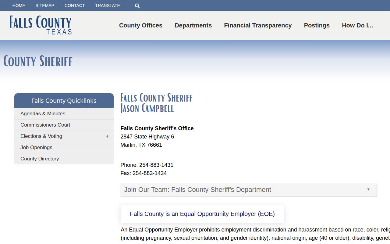 Falls County booking records and Sheriff contact page