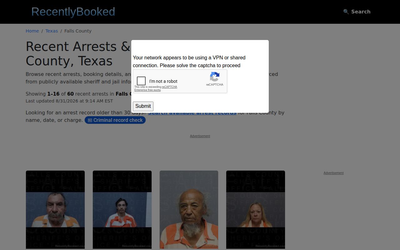 Falls County unofficial recent booking record interface