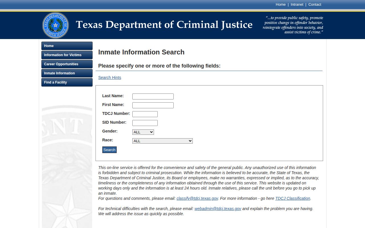 Texas Department of Criminal Justice Falls County sentenced prisoner search