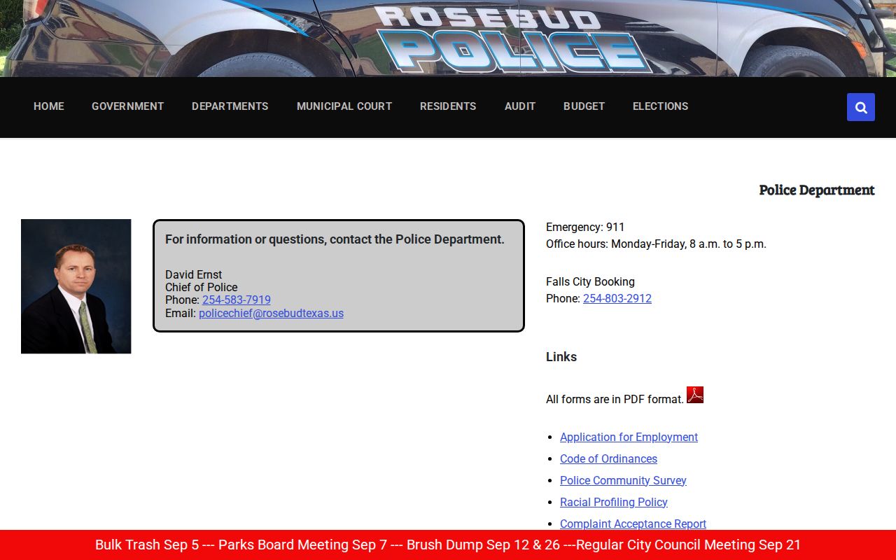 Rosebud Police Department page for Rosebud booking record and Falls City Booking contact